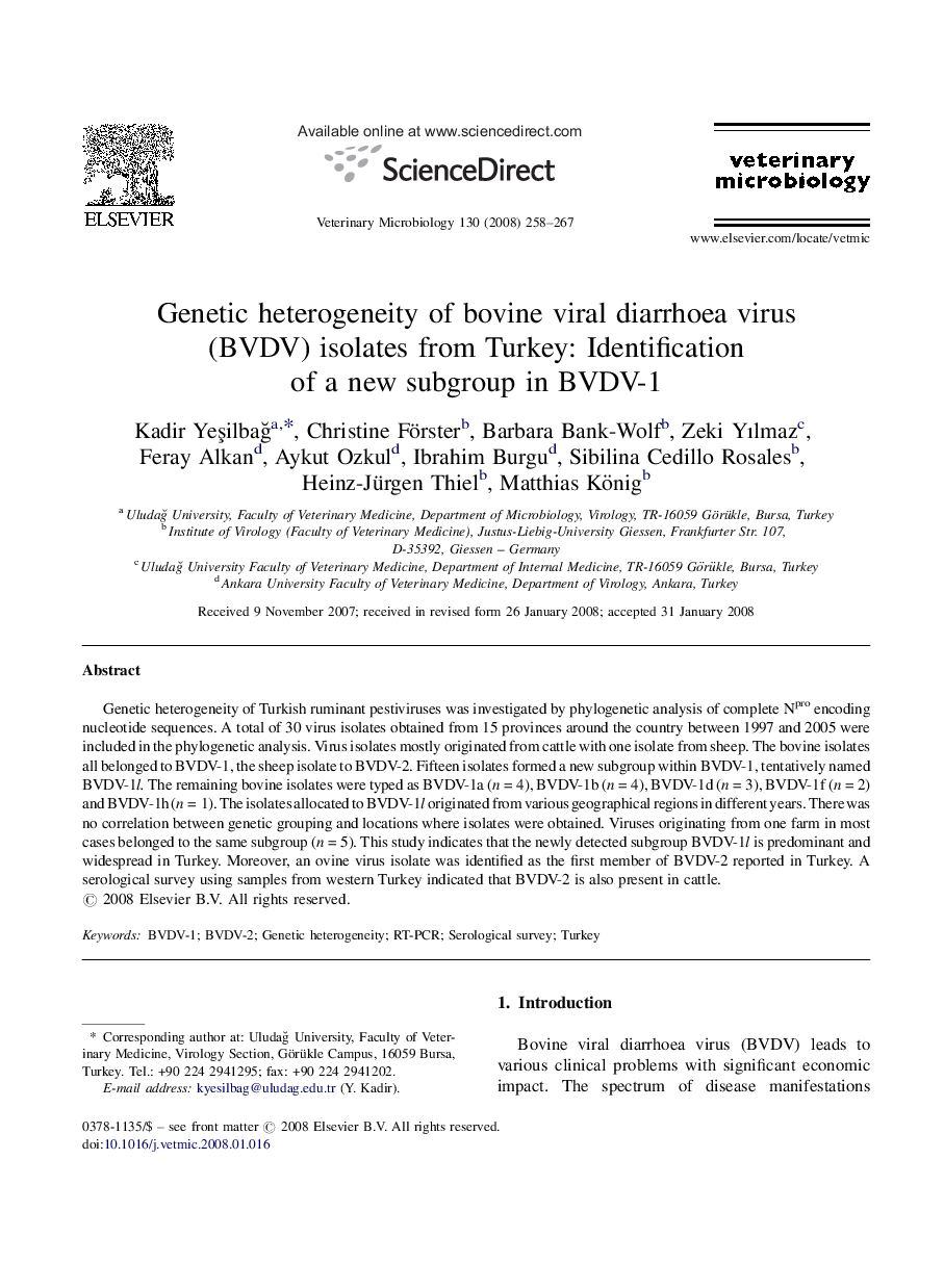 Genetic heterogeneity of bovine viral diarrhoea virus (BVDV) isolates from Turkey: Identification of a new subgroup in BVDV-1
