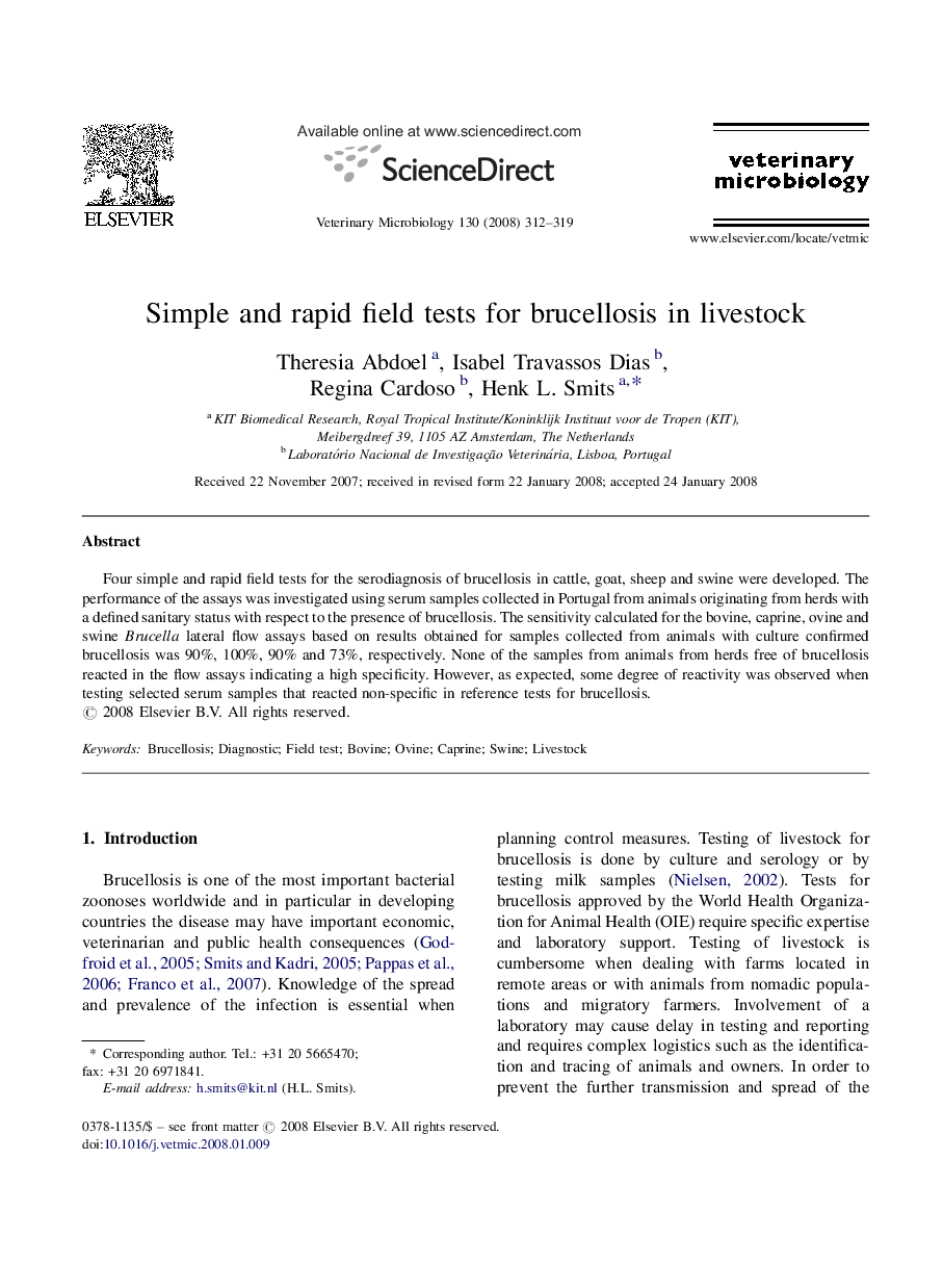 Simple and rapid field tests for brucellosis in livestock