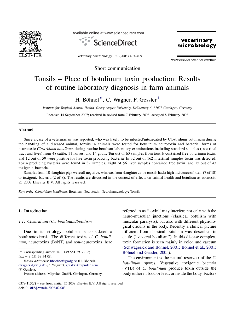 Tonsils – Place of botulinum toxin production: Results of routine laboratory diagnosis in farm animals