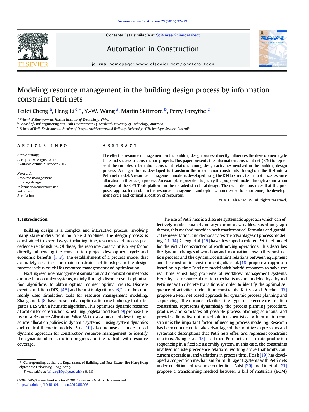 Modeling resource management in the building design process by information constraint Petri nets