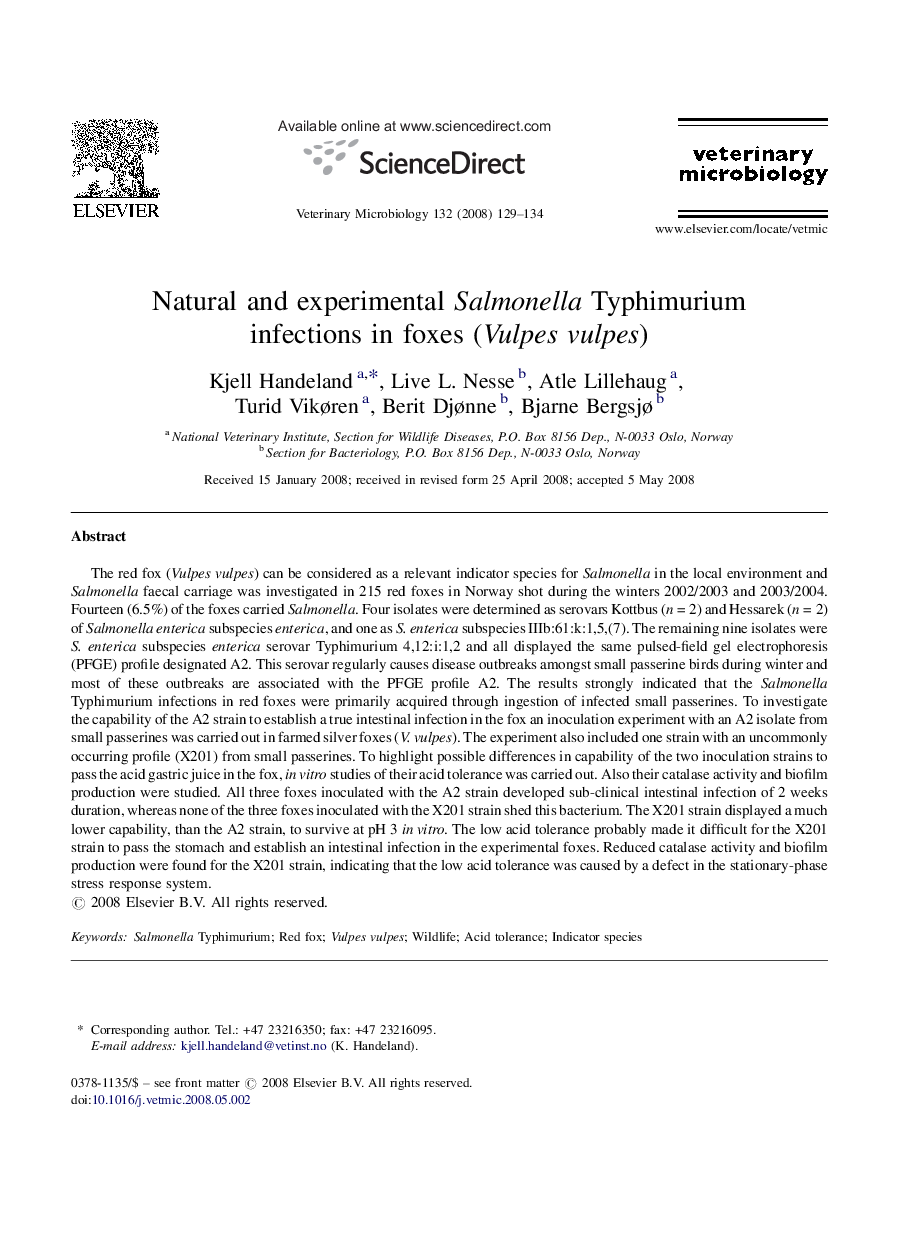 Natural and experimental Salmonella Typhimurium infections in foxes (Vulpes vulpes)