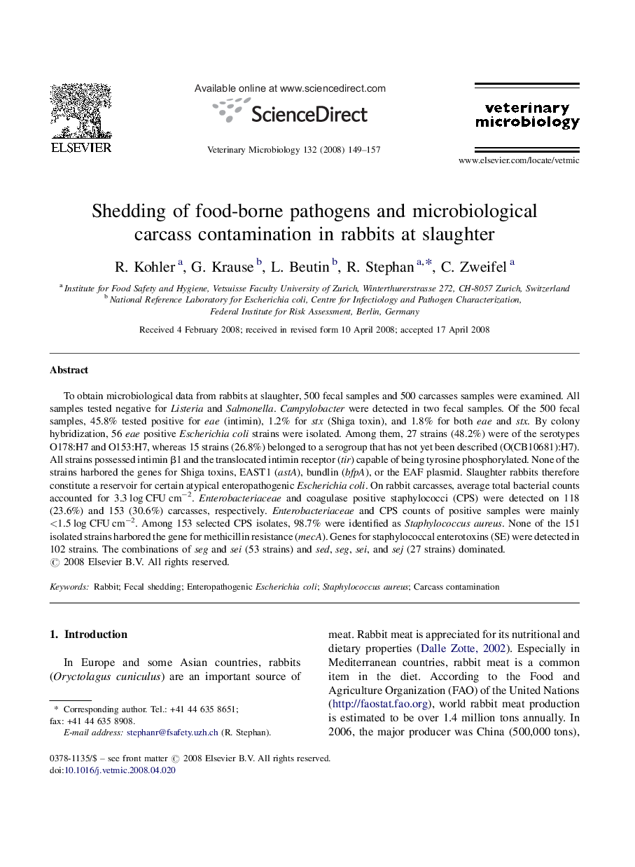 Shedding of food-borne pathogens and microbiological carcass contamination in rabbits at slaughter