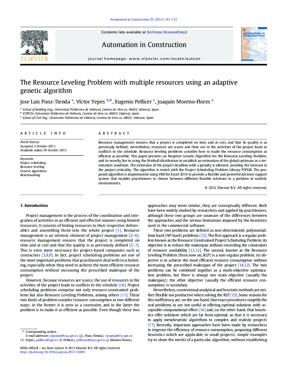 The Resource Leveling Problem with multiple resources using an adaptive genetic algorithm