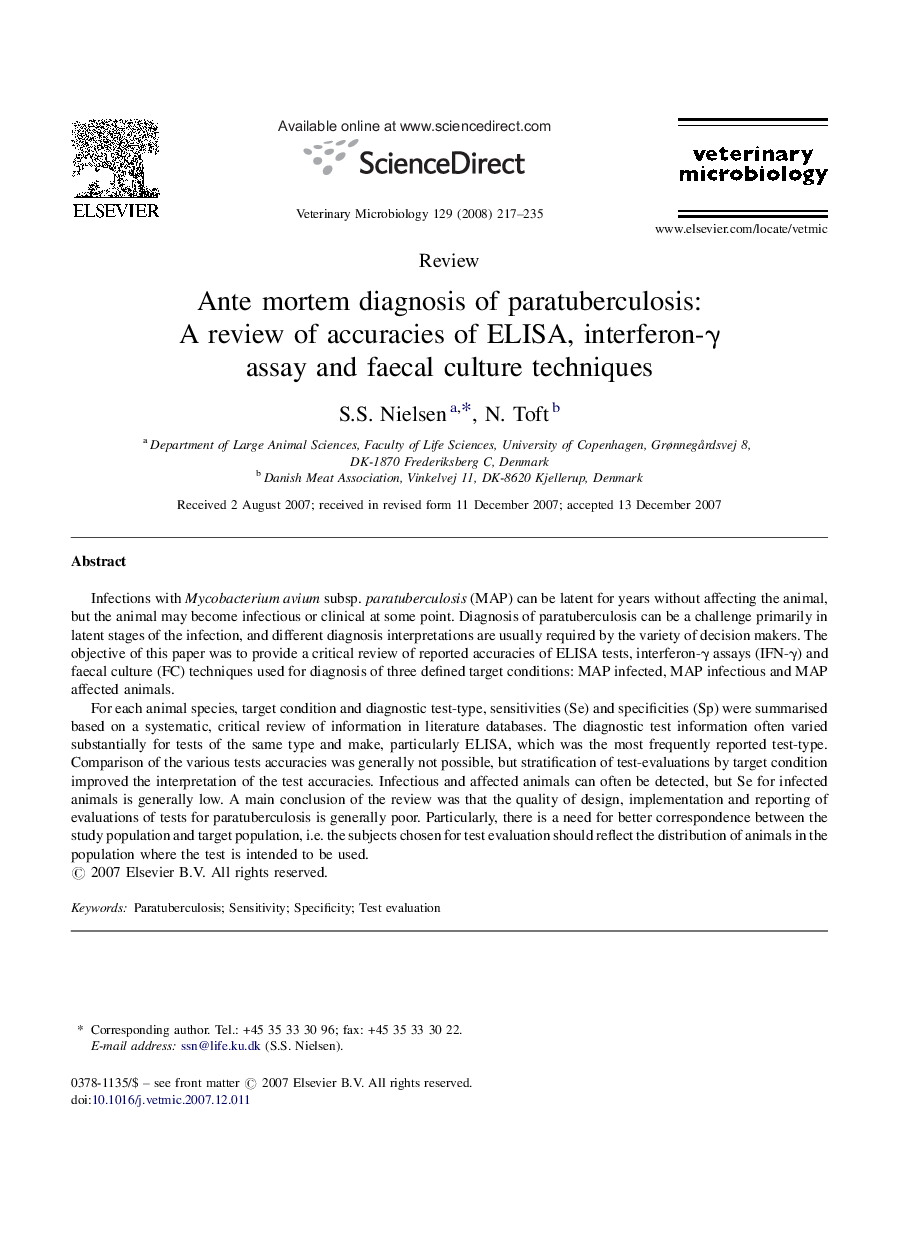 Ante mortem diagnosis of paratuberculosis: A review of accuracies of ELISA, interferon-γ assay and faecal culture techniques