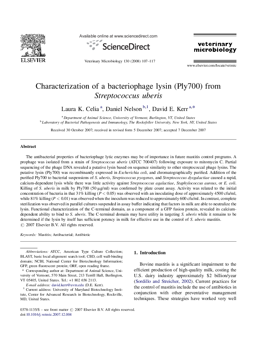 Characterization of a bacteriophage lysin (Ply700) from Streptococcus uberis