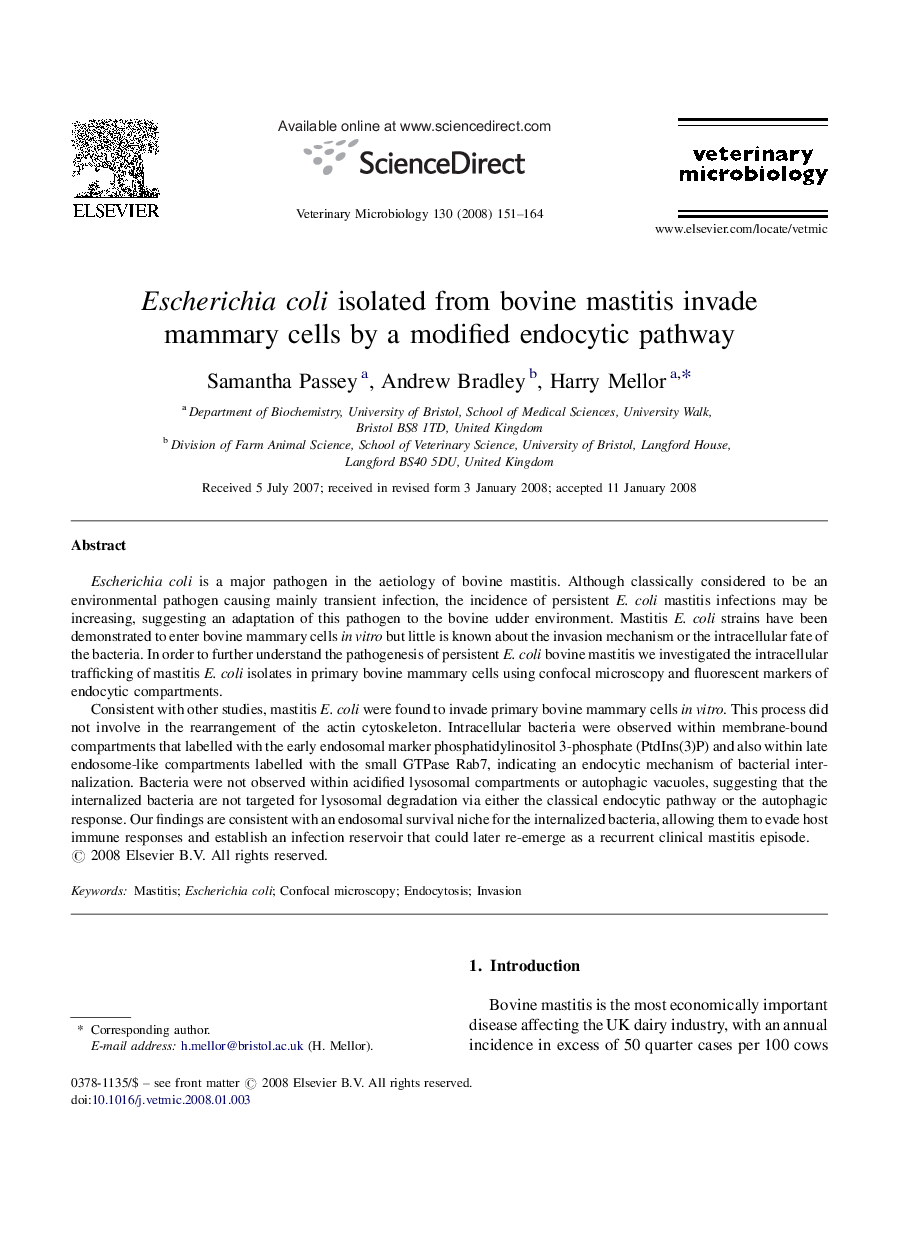 Escherichia coli isolated from bovine mastitis invade mammary cells by a modified endocytic pathway