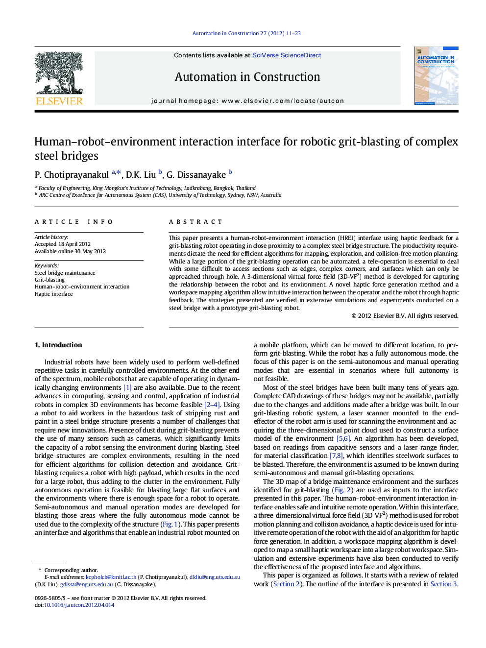 عکس صفحه اول مقاله: Human–robot–environment interaction interface for robotic grit-blasting of complex steel bridges Human–robot–environment interaction interface for robotic grit-blasting of complex steel bridges