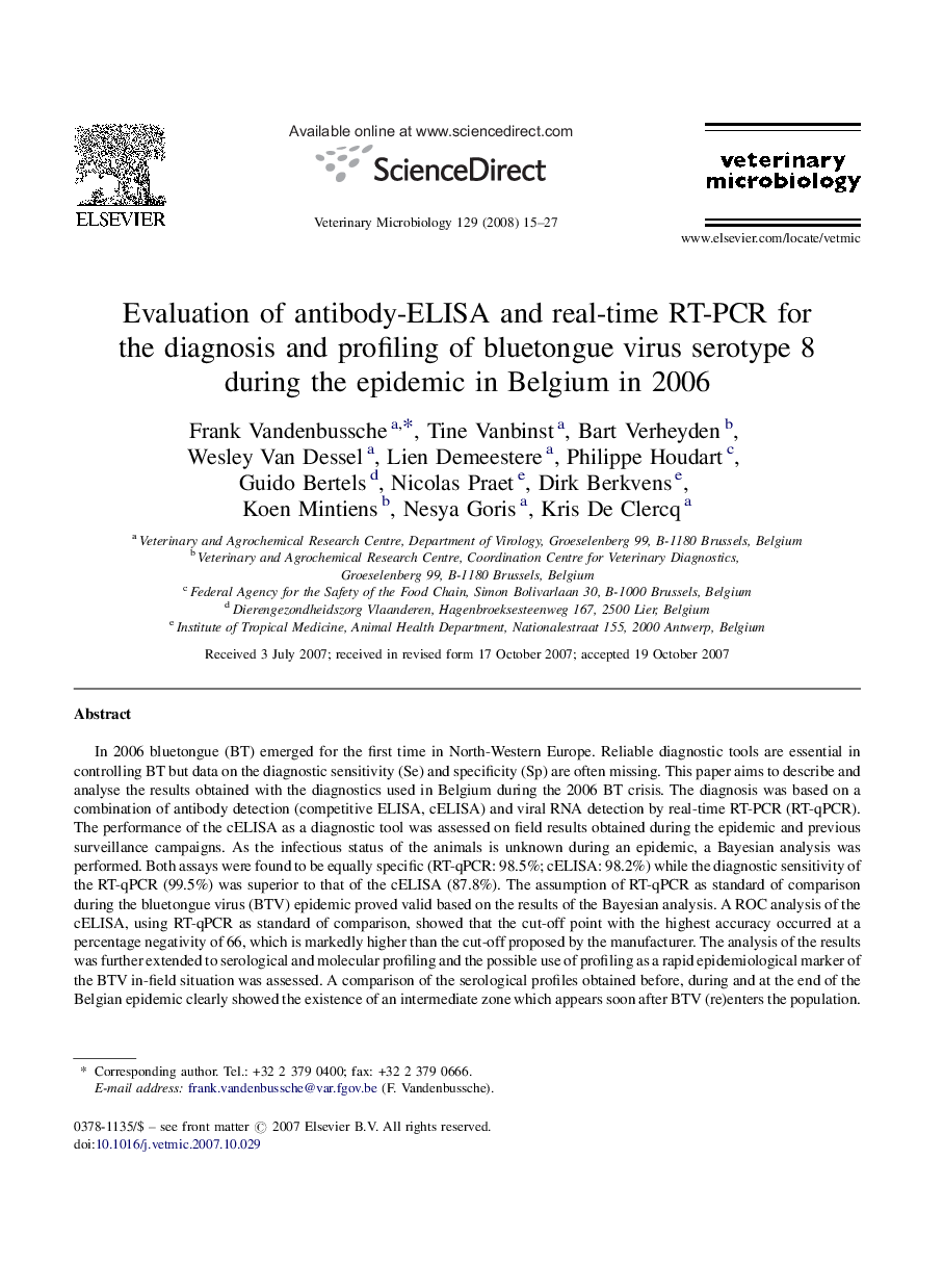 Evaluation of antibody-ELISA and real-time RT-PCR for the diagnosis and profiling of bluetongue virus serotype 8 during the epidemic in Belgium in 2006