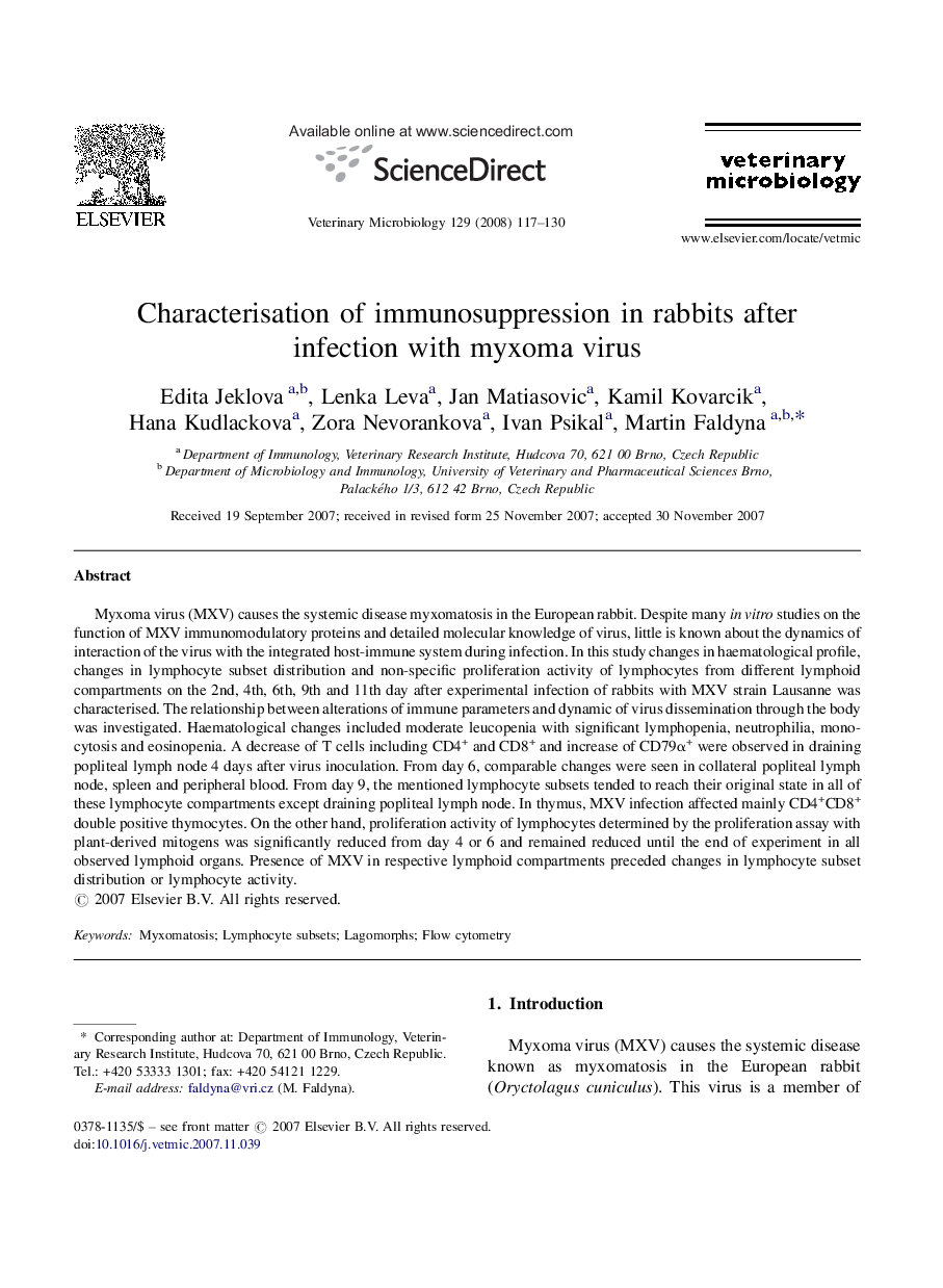 Characterisation of immunosuppression in rabbits after infection with myxoma virus