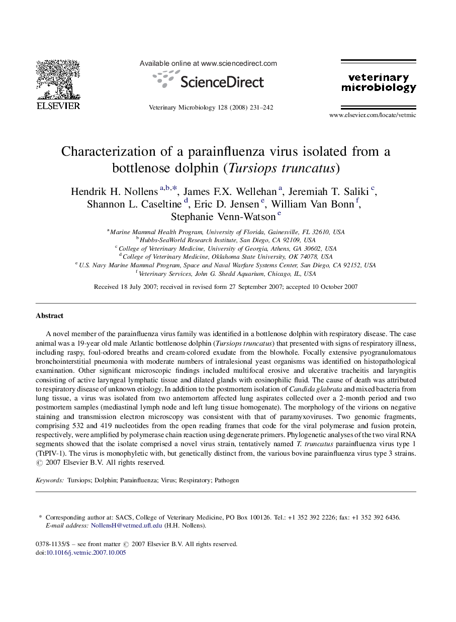 Characterization of a parainfluenza virus isolated from a bottlenose dolphin (Tursiops truncatus)