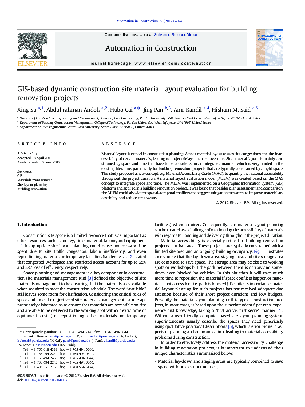 GIS-based dynamic construction site material layout evaluation for building renovation projects