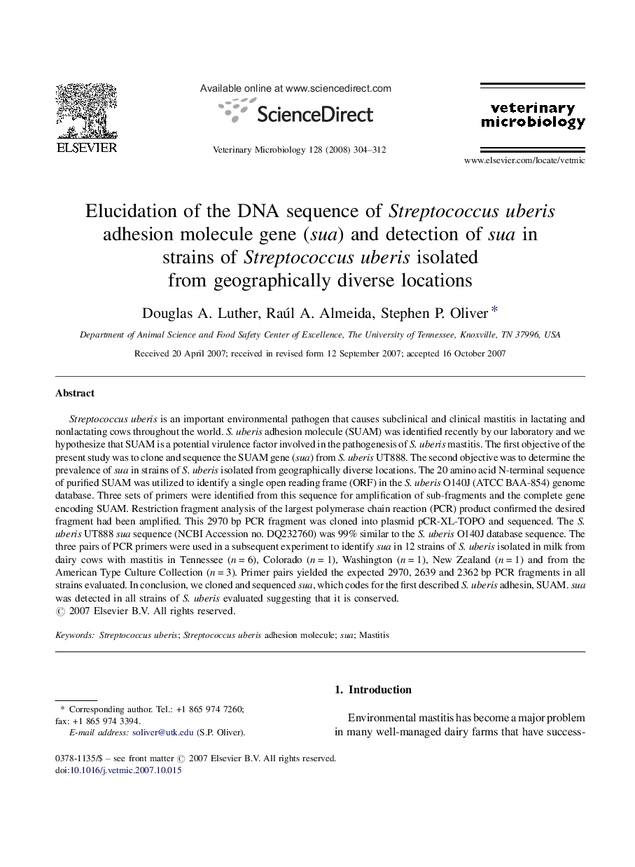 Elucidation of the DNA sequence of Streptococcus uberis adhesion molecule gene (sua) and detection of sua in strains of Streptococcus uberis isolated from geographically diverse locations