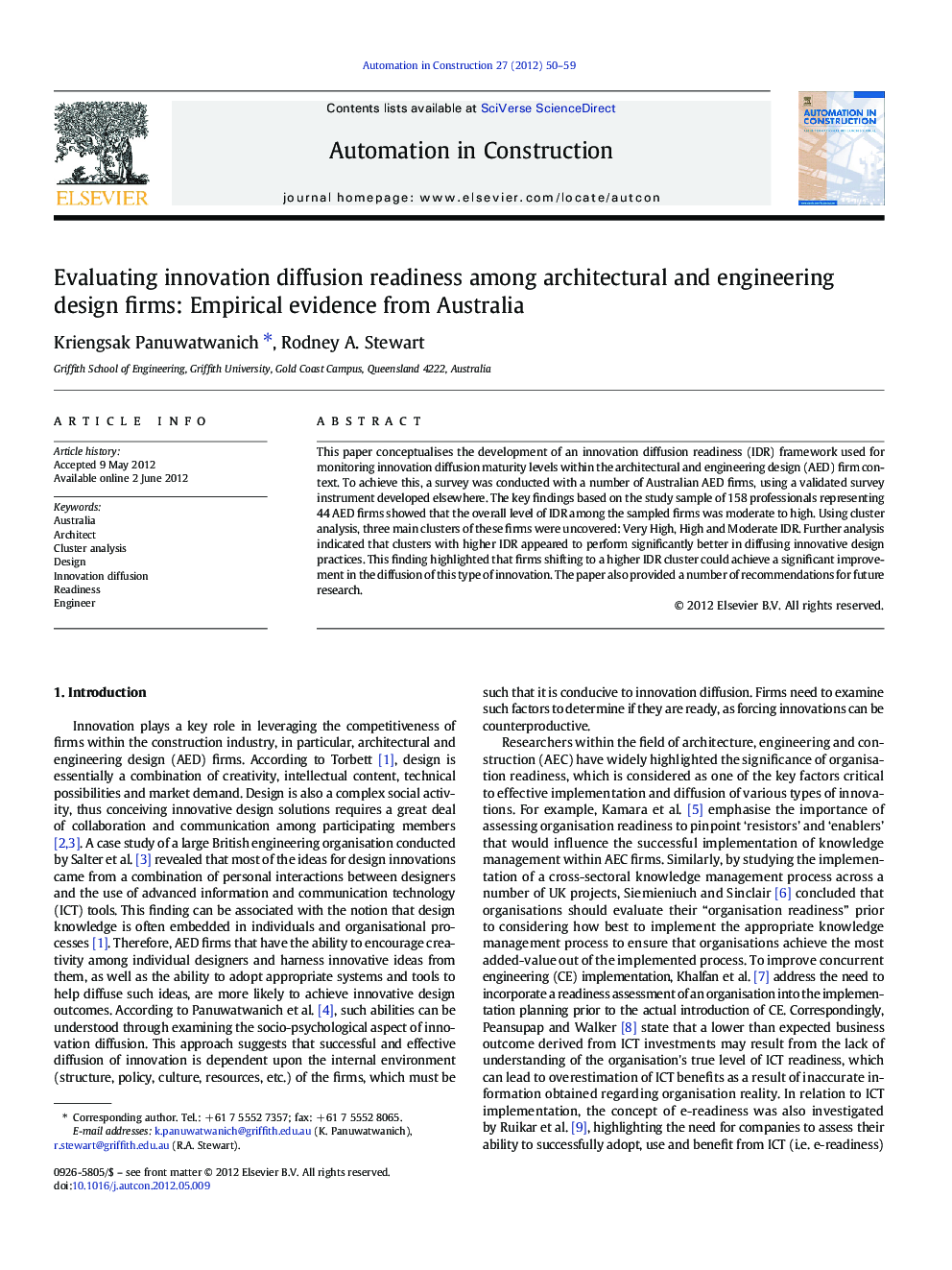 Evaluating innovation diffusion readiness among architectural and engineering design firms: Empirical evidence from Australia