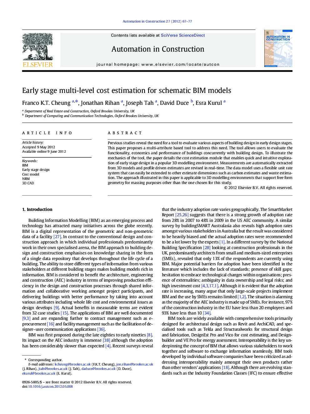 Early stage multi-level cost estimation for schematic BIM models