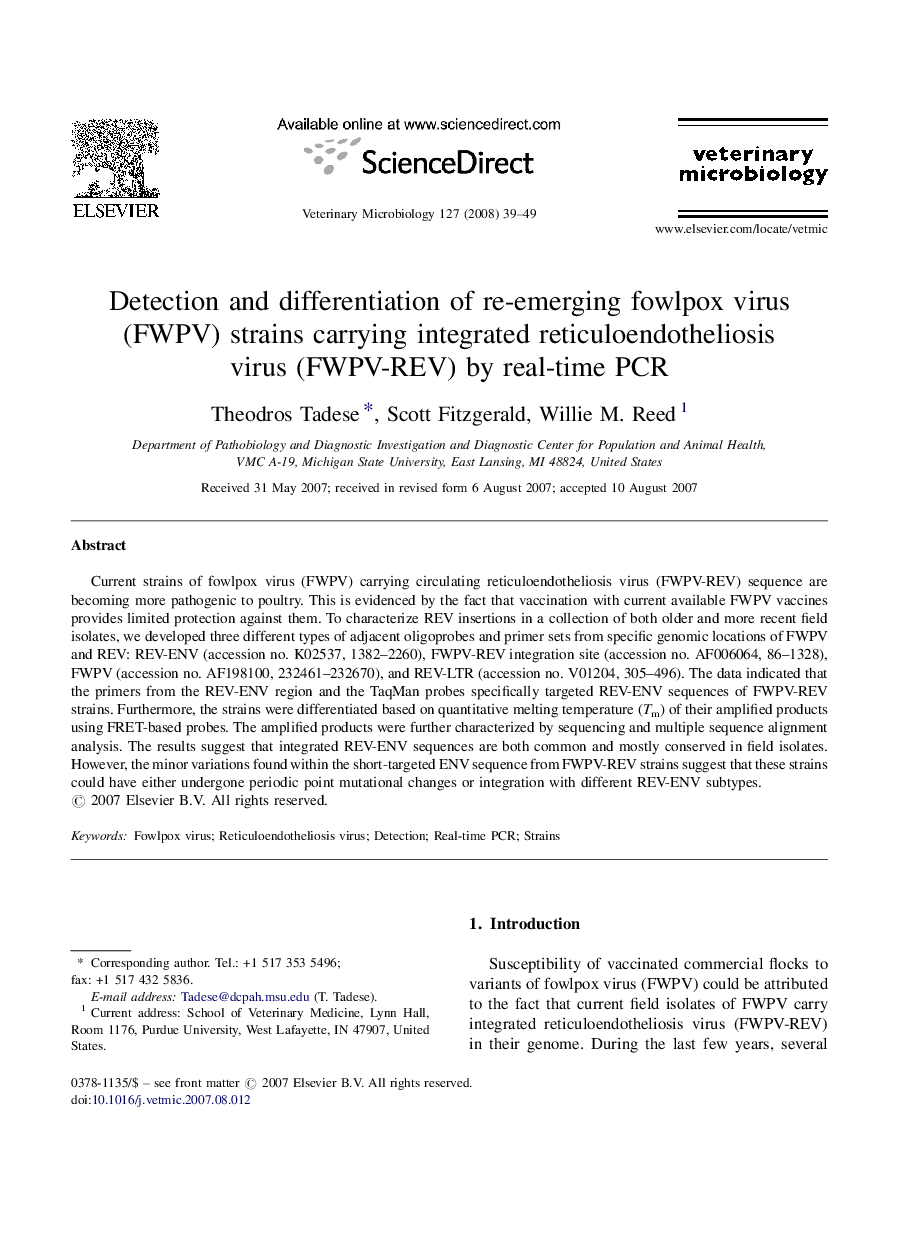 عکس صفحه اول مقاله: Detection and differentiation of re-emerging fowlpox virus (FWPV) strains carrying integrated reticuloendotheliosis virus (FWPV-REV) by real-time PCR Detection and differentiation of re-emerging fowlpox virus (FWPV) strains carrying integrated reticuloendotheliosis virus (FWPV-REV) by real-time PCR