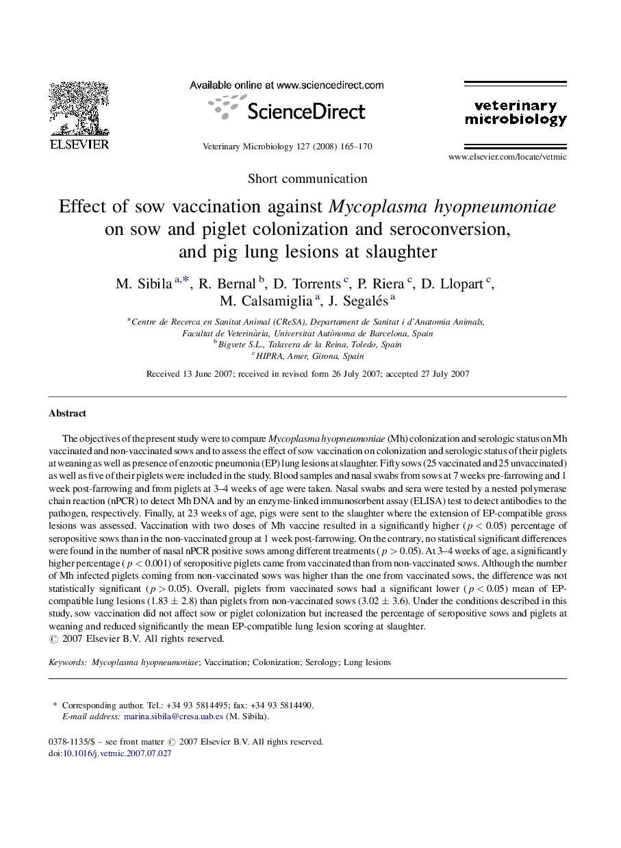 Effect of sow vaccination against Mycoplasma hyopneumoniae on sow and piglet colonization and seroconversion, and pig lung lesions at slaughter