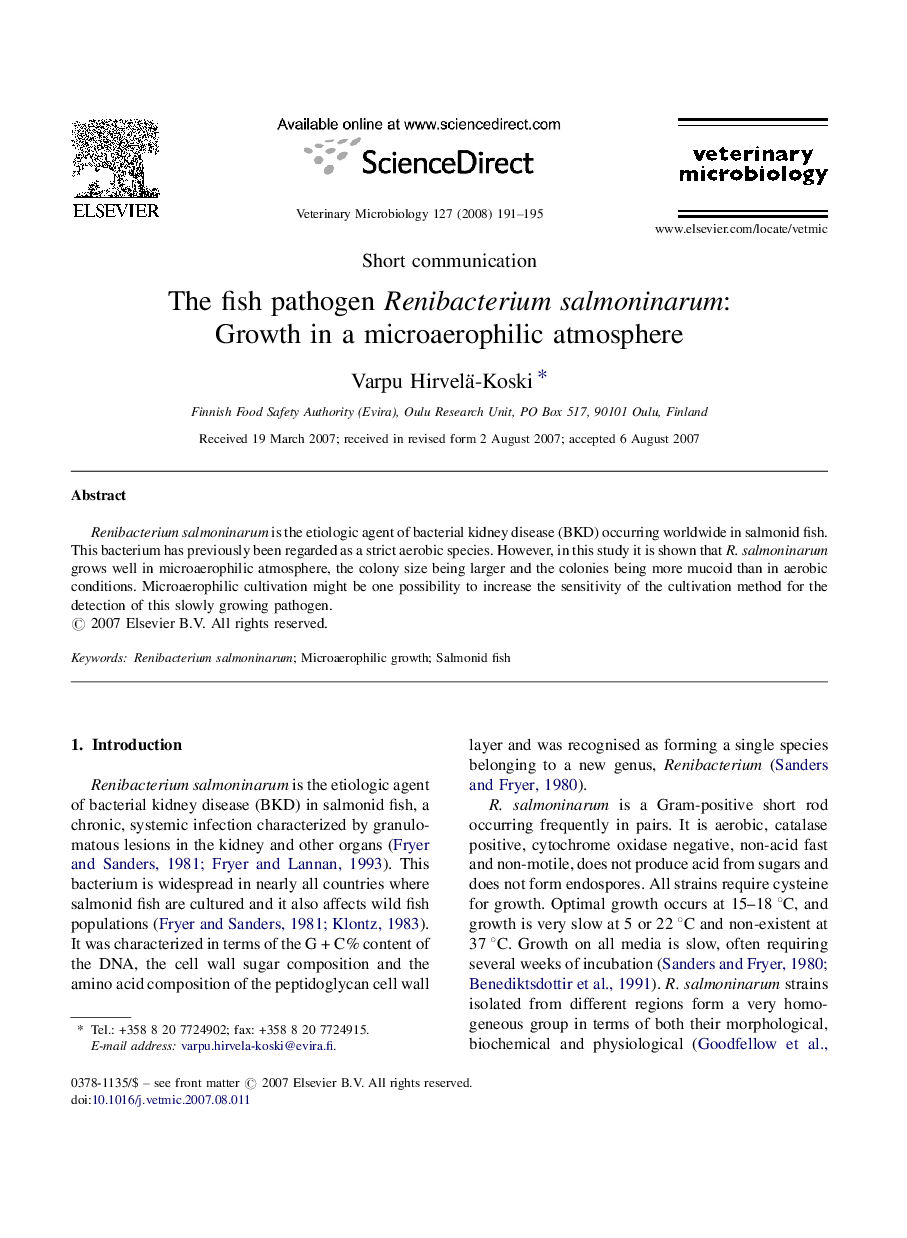 The fish pathogen Renibacterium salmoninarum: Growth in a microaerophilic atmosphere