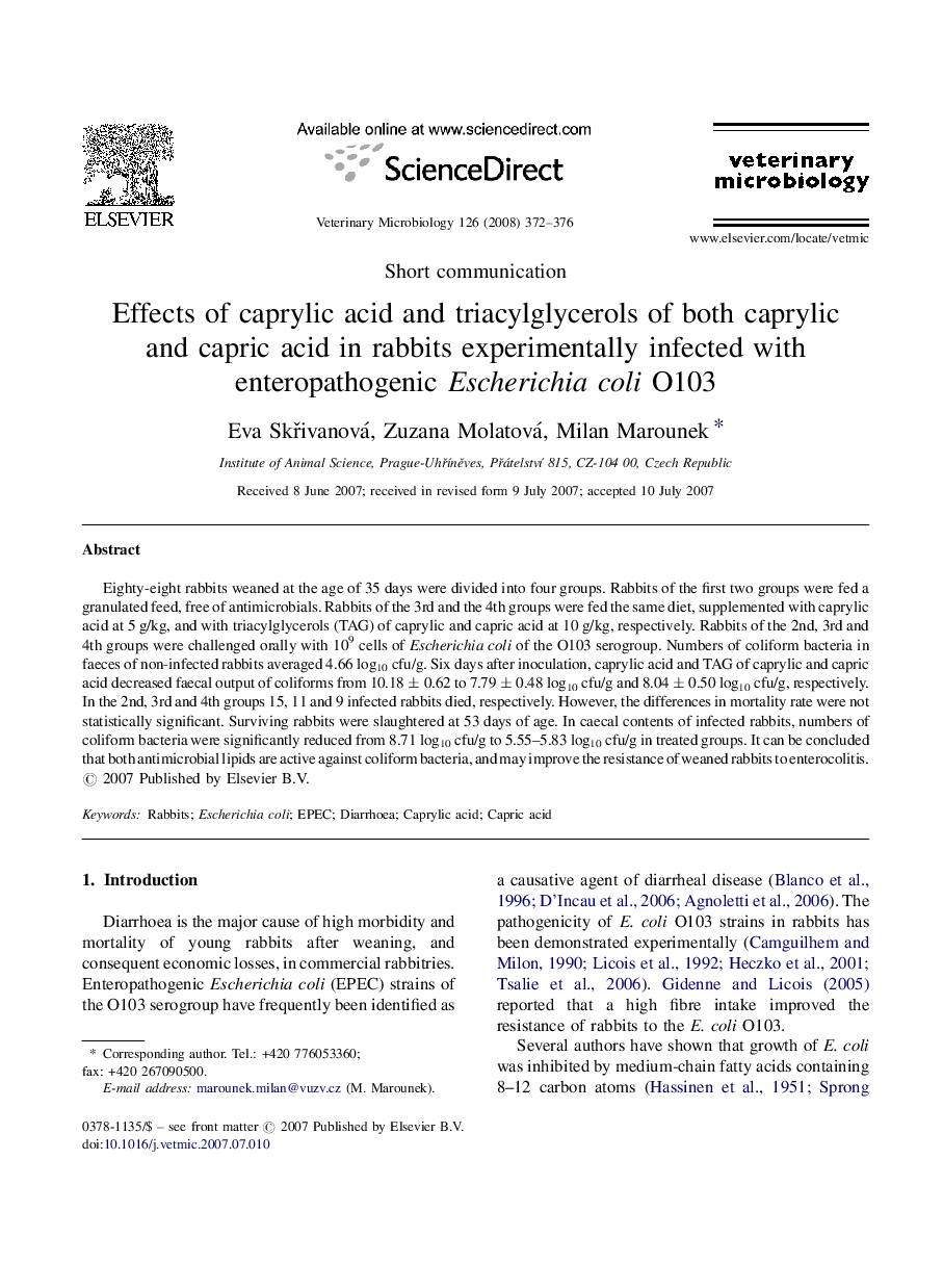 Effects of caprylic acid and triacylglycerols of both caprylic and capric acid in rabbits experimentally infected with enteropathogenic Escherichia coli O103