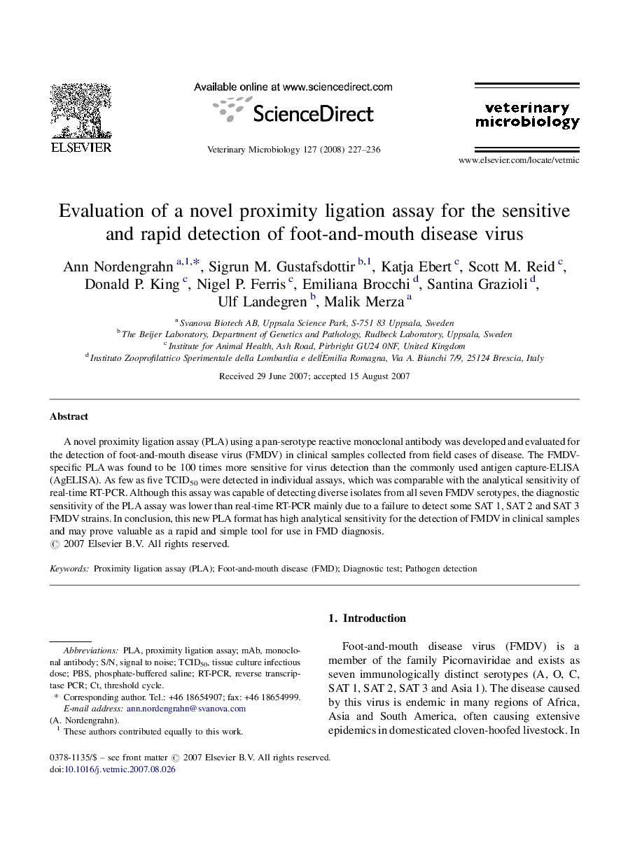 Evaluation of a novel proximity ligation assay for the sensitive and rapid detection of foot-and-mouth disease virus