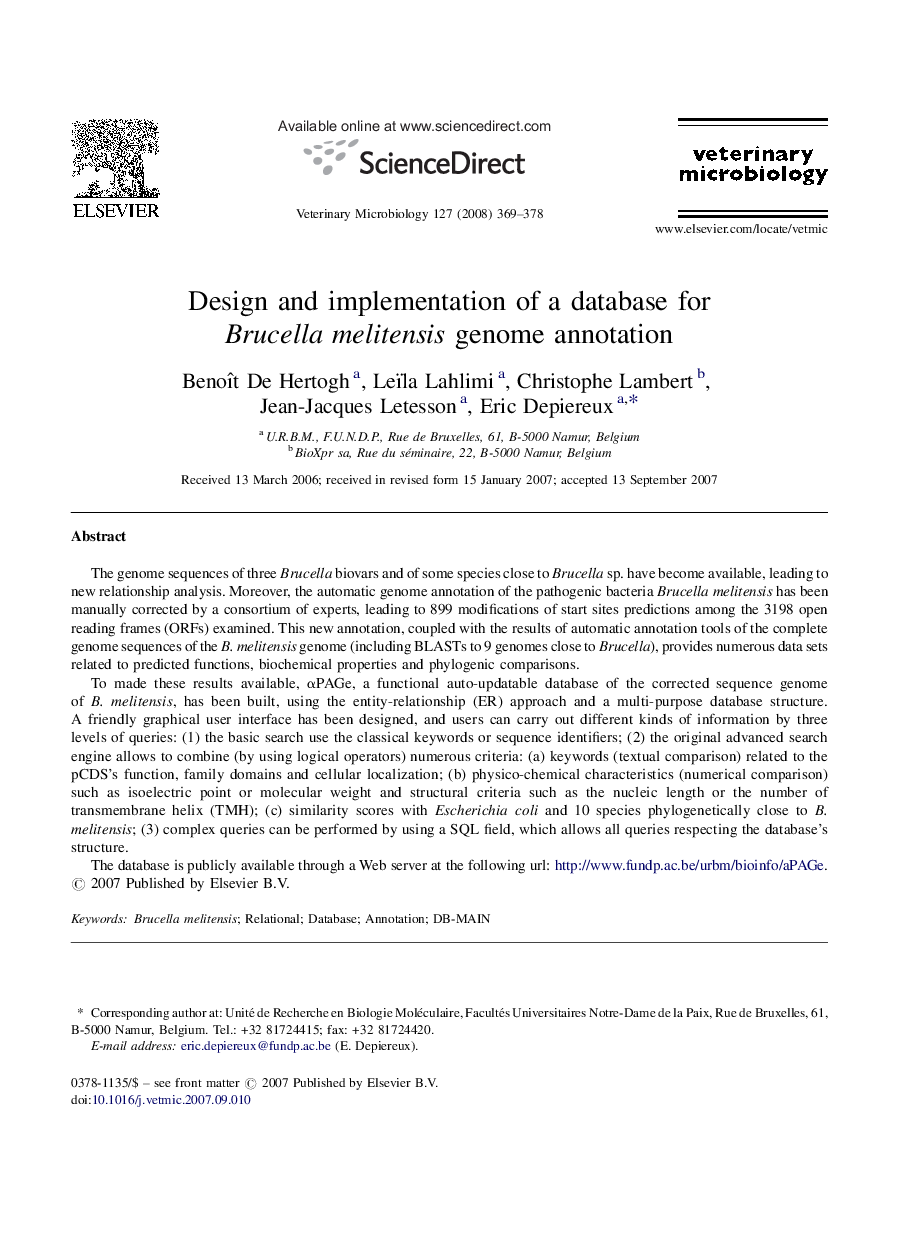 عکس صفحه اول مقاله: Design and implementation of a database for Brucella melitensis genome annotation Design and implementation of a database for Brucella melitensis genome annotation