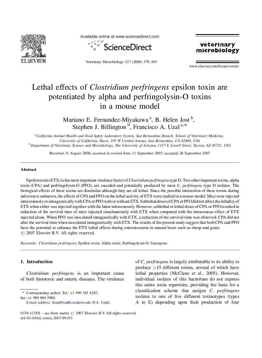 Lethal effects of Clostridium perfringens epsilon toxin are potentiated by alpha and perfringolysin-O toxins in a mouse model