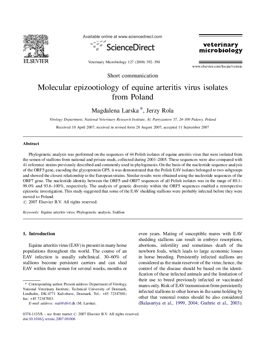 Molecular epizootiology of equine arteritis virus isolates from Poland