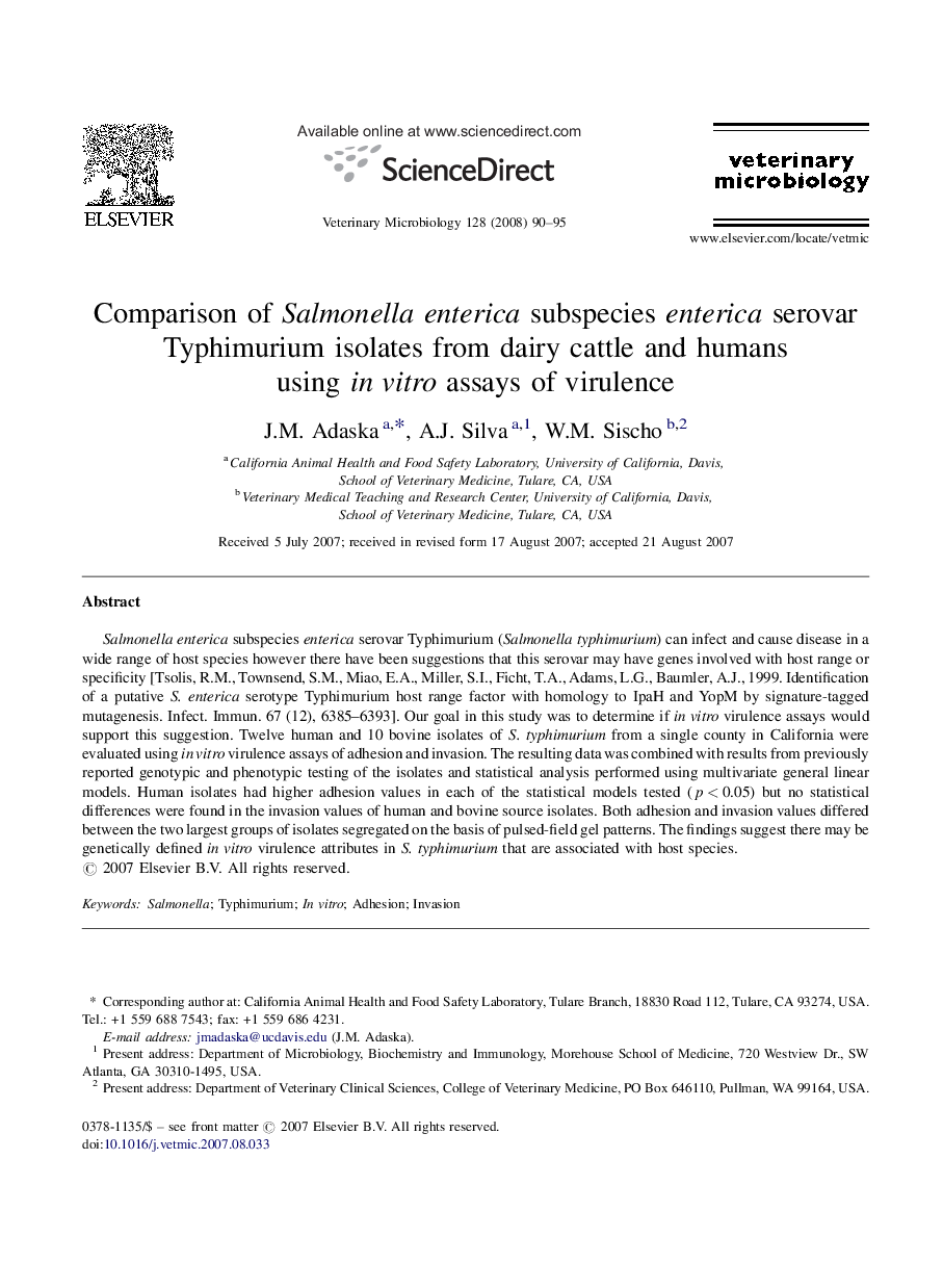 Comparison of Salmonella enterica subspecies enterica serovar Typhimurium isolates from dairy cattle and humans using in vitro assays of virulence