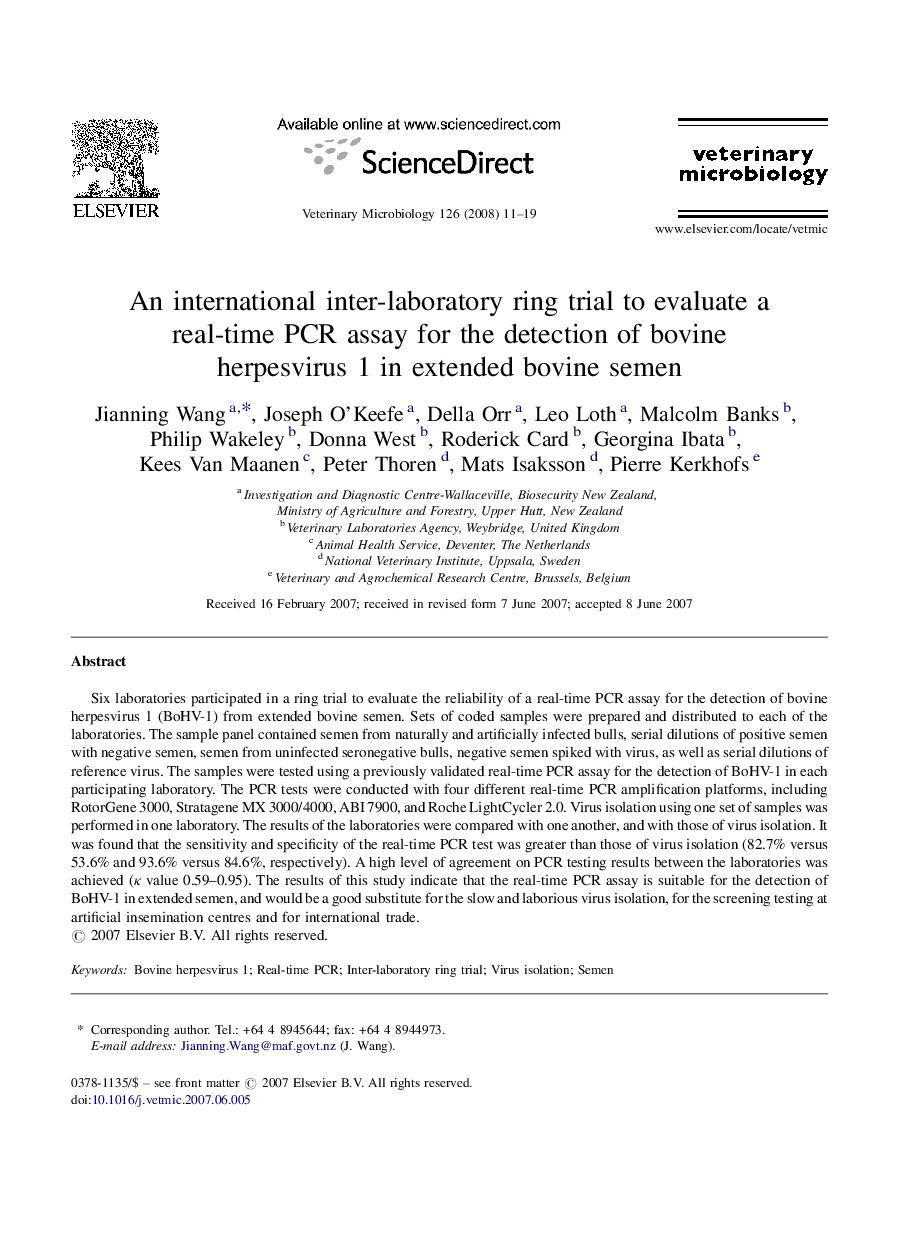 An international inter-laboratory ring trial to evaluate a real-time PCR assay for the detection of bovine herpesvirus 1 in extended bovine semen