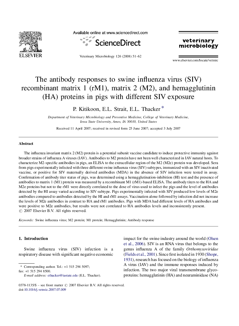 The antibody responses to swine influenza virus (SIV) recombinant matrix 1 (rM1), matrix 2 (M2), and hemagglutinin (HA) proteins in pigs with different SIV exposure