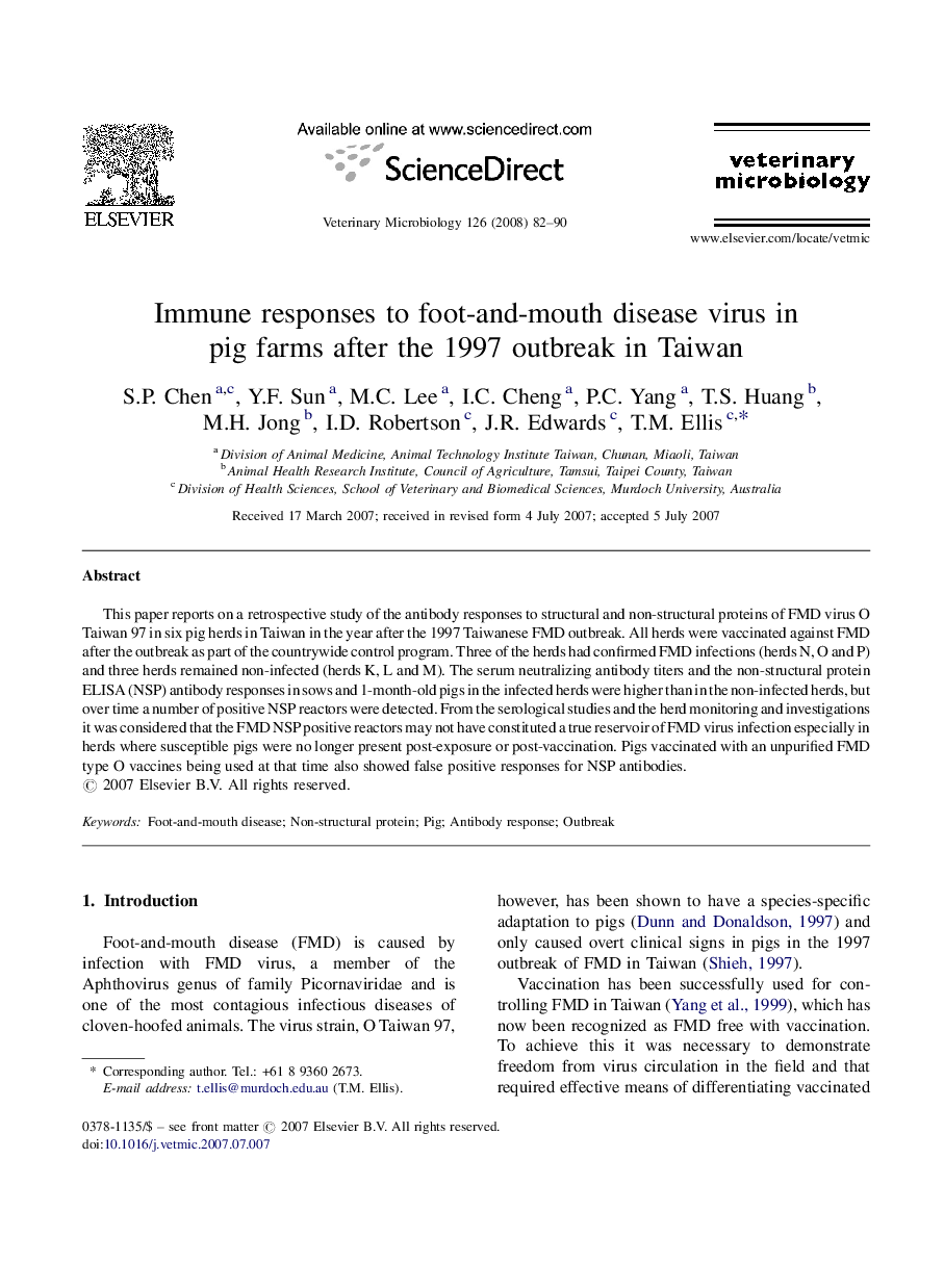 Immune responses to foot-and-mouth disease virus in pig farms after the 1997 outbreak in Taiwan