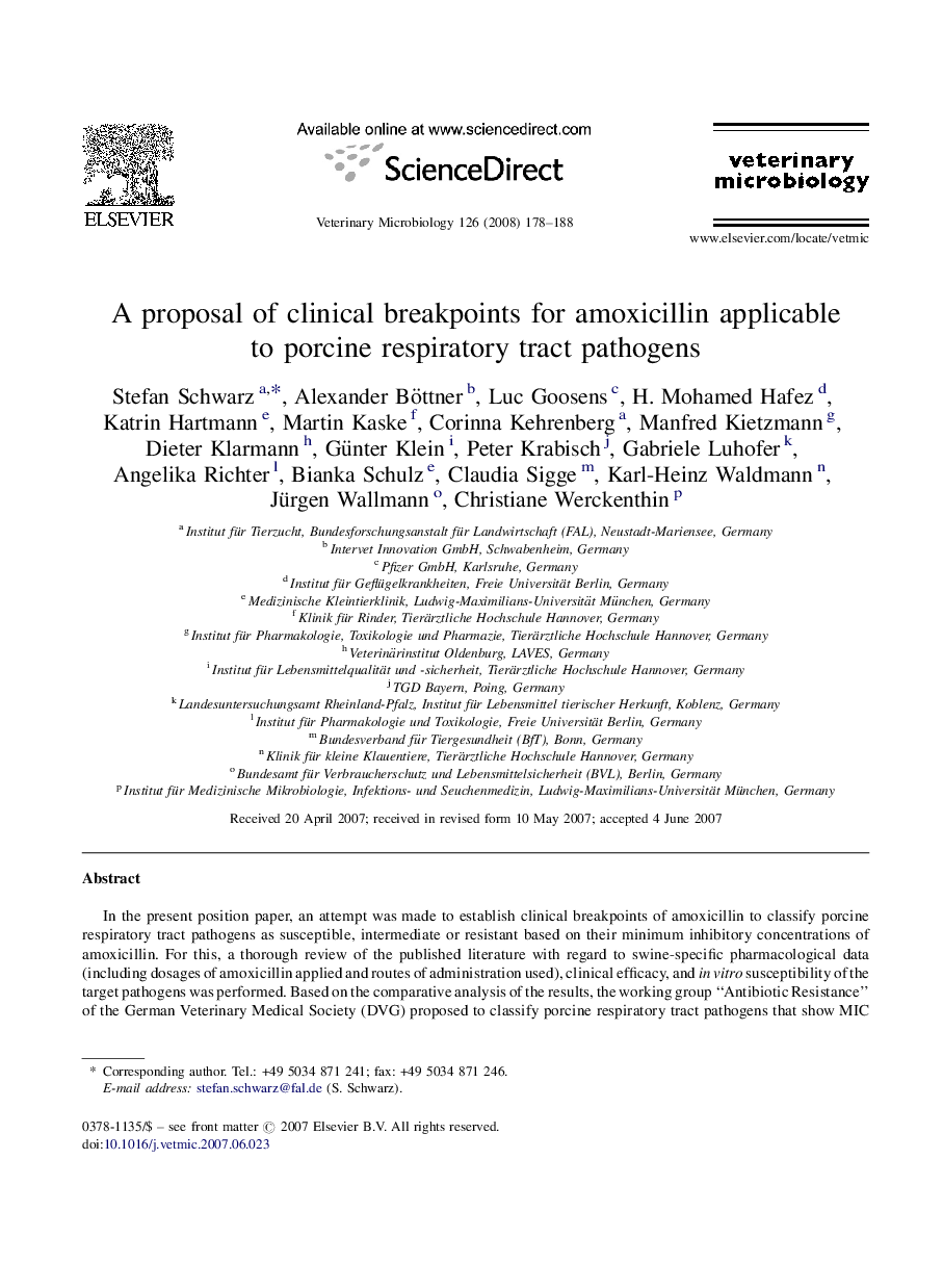 A proposal of clinical breakpoints for amoxicillin applicable to porcine respiratory tract pathogens