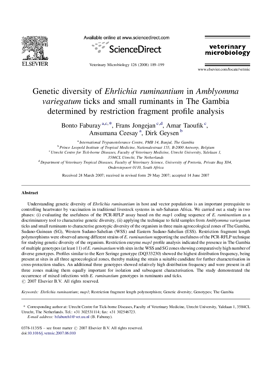 Genetic diversity of Ehrlichia ruminantium in Amblyomma variegatum ticks and small ruminants in The Gambia determined by restriction fragment profile analysis