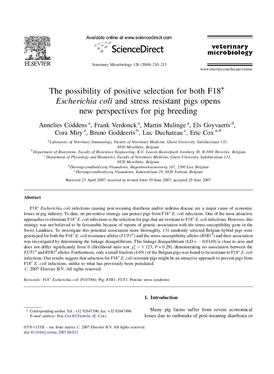 The possibility of positive selection for both F18+Escherichia coli and stress resistant pigs opens new perspectives for pig breeding