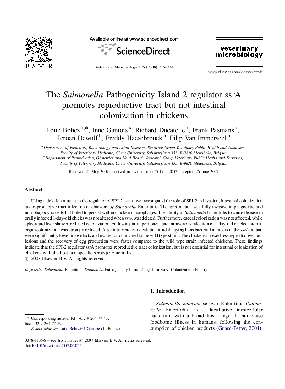 The Salmonella Pathogenicity Island 2 regulator ssrA promotes reproductive tract but not intestinal colonization in chickens