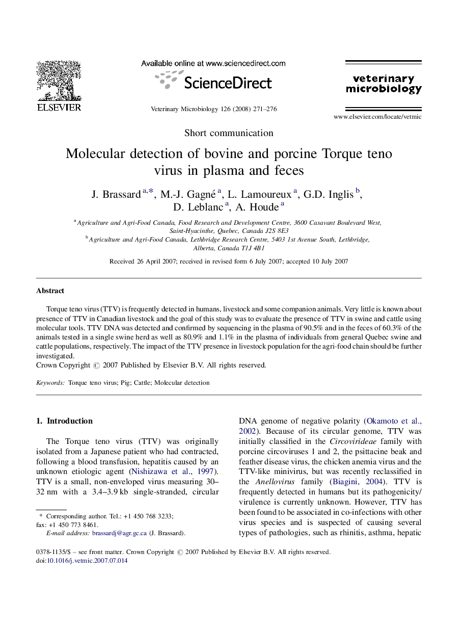 Molecular detection of bovine and porcine Torque teno virus in plasma and feces