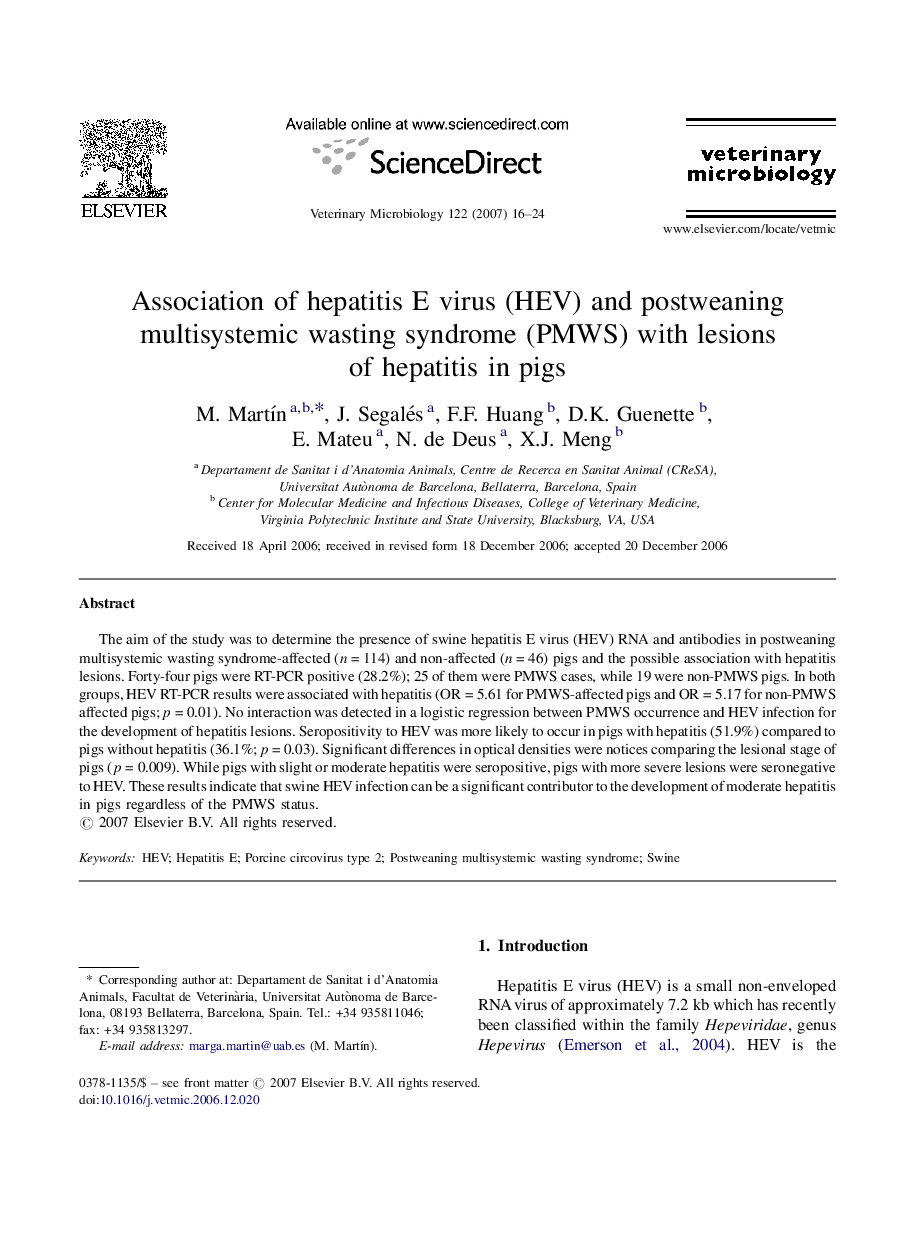 Association of hepatitis E virus (HEV) and postweaning multisystemic wasting syndrome (PMWS) with lesions of hepatitis in pigs