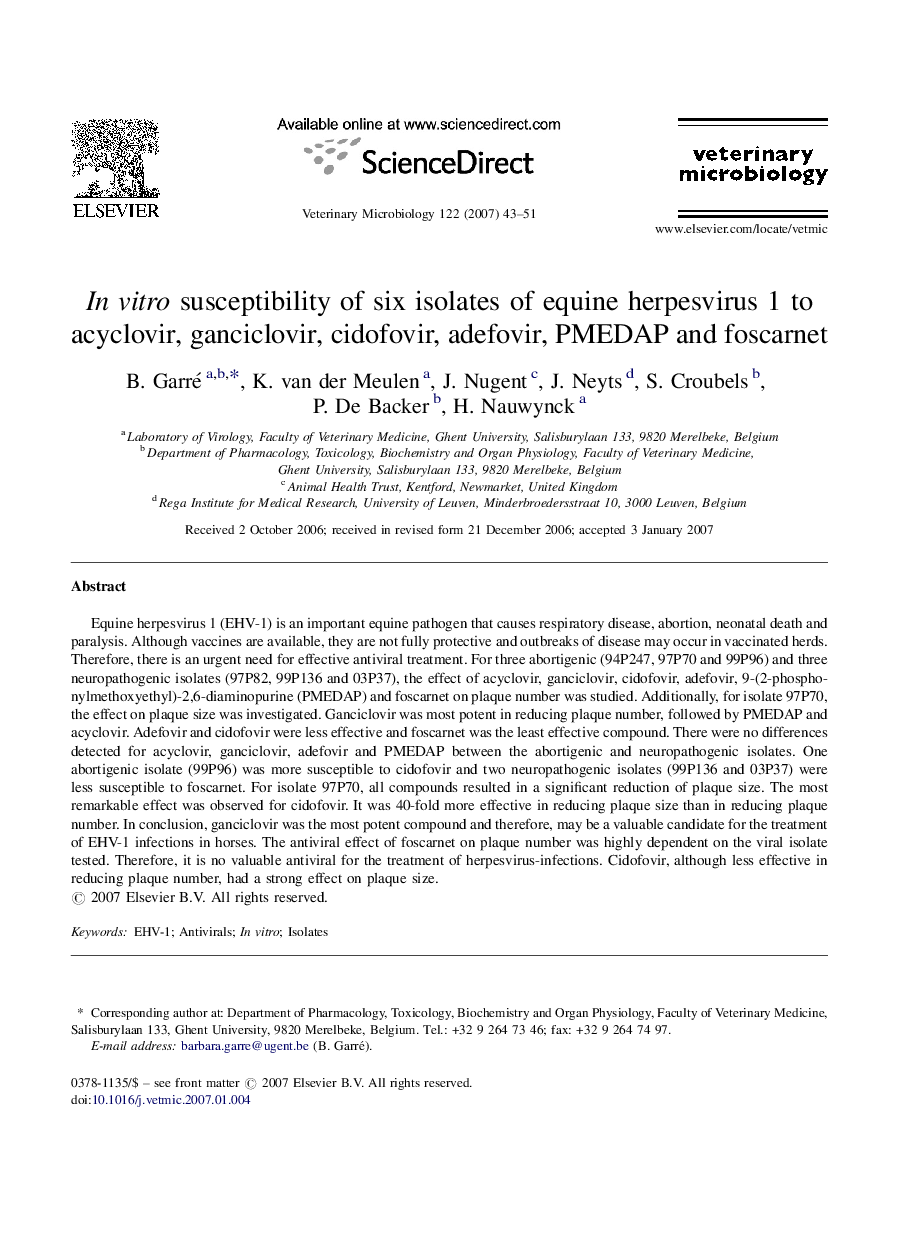 In vitro susceptibility of six isolates of equine herpesvirus 1 to acyclovir, ganciclovir, cidofovir, adefovir, PMEDAP and foscarnet