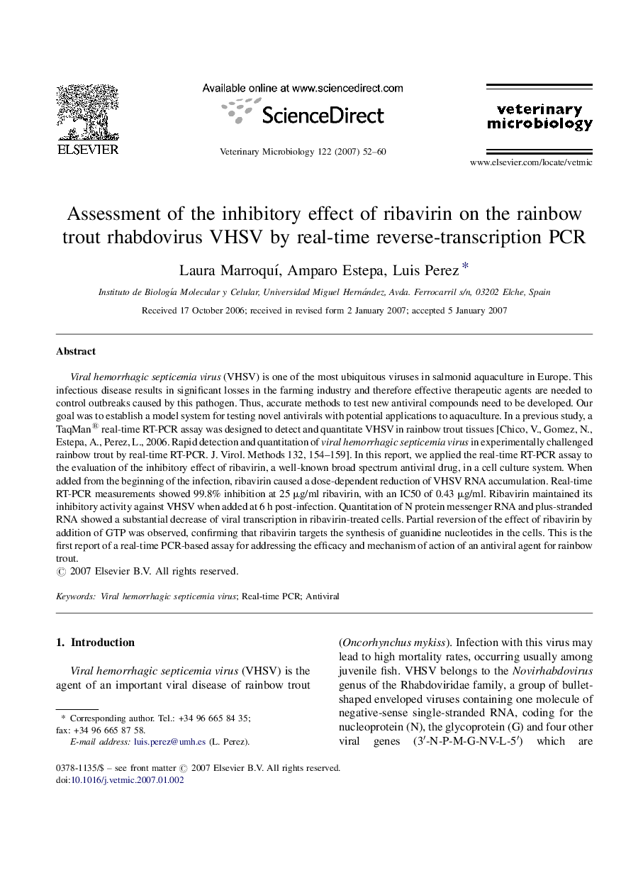 Assessment of the inhibitory effect of ribavirin on the rainbow trout rhabdovirus VHSV by real-time reverse-transcription PCR