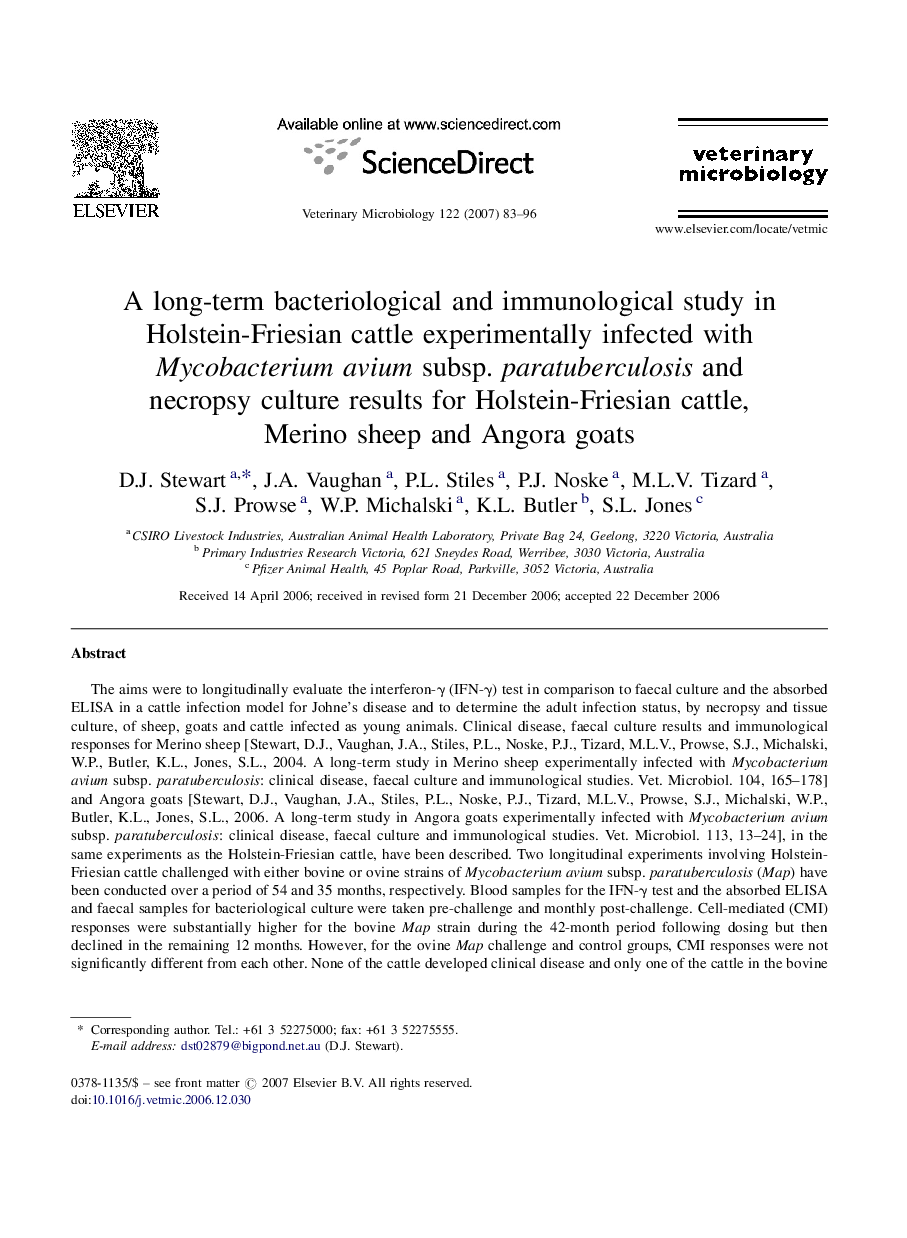 A long-term bacteriological and immunological study in Holstein-Friesian cattle experimentally infected with Mycobacterium avium subsp. paratuberculosis and necropsy culture results for Holstein-Friesian cattle, Merino sheep and Angora goats