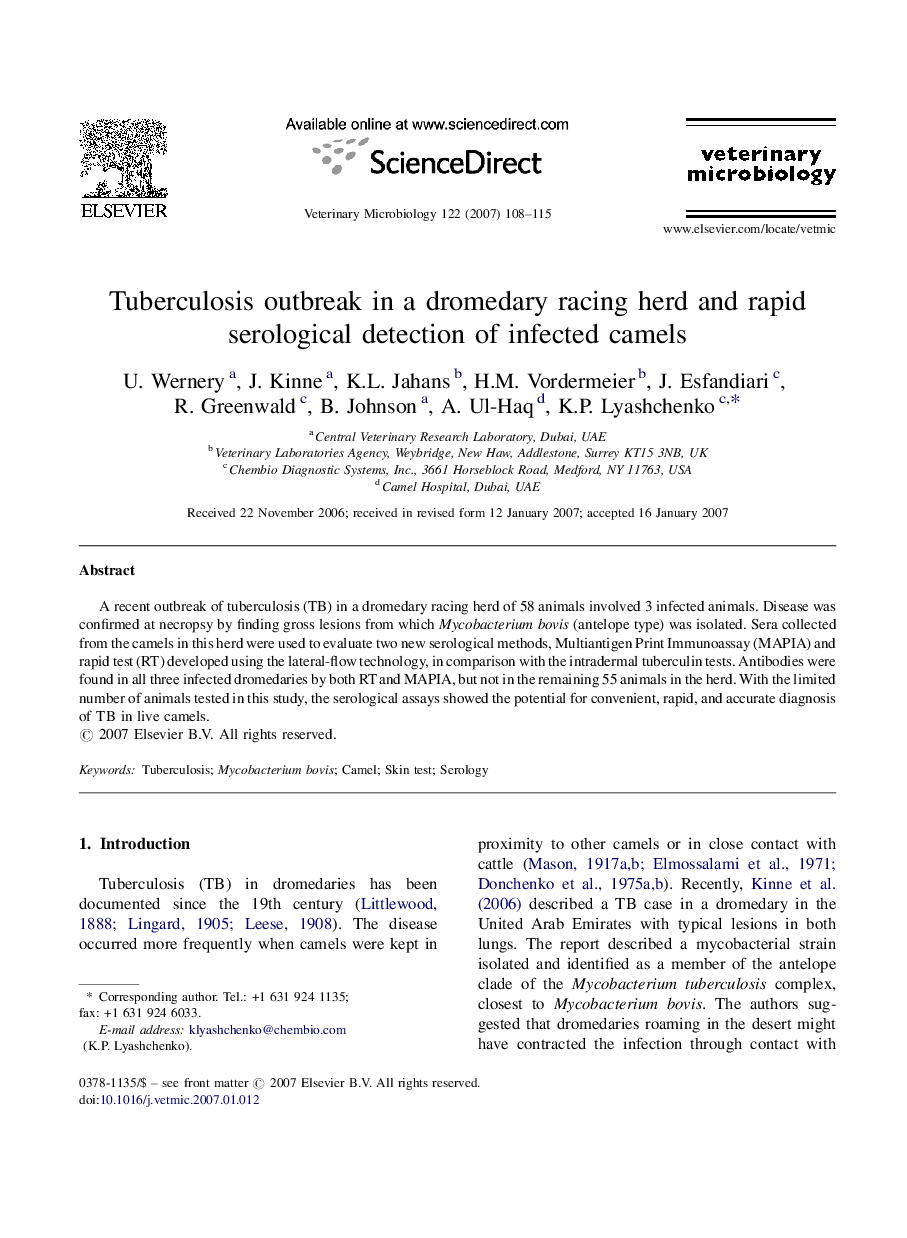 Tuberculosis outbreak in a dromedary racing herd and rapid serological detection of infected camels