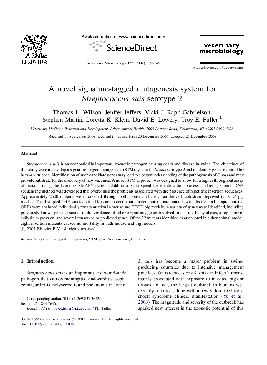 A novel signature-tagged mutagenesis system for Streptococcus suis serotype 2