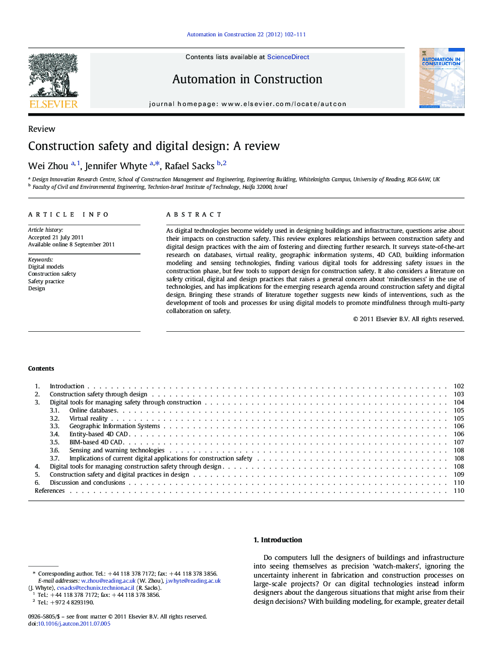 Construction safety and digital design: A review