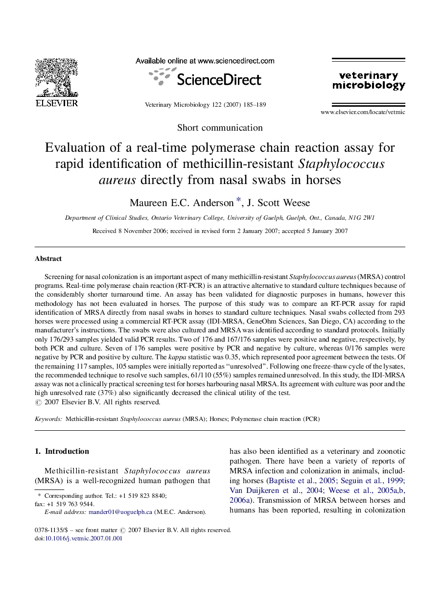 Evaluation of a real-time polymerase chain reaction assay for rapid identification of methicillin-resistant Staphylococcus aureus directly from nasal swabs in horses