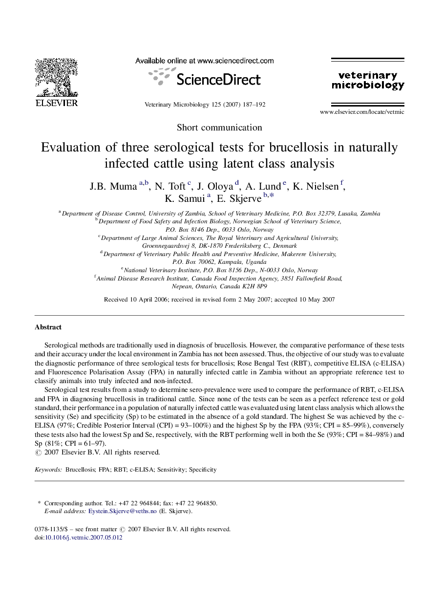 Evaluation of three serological tests for brucellosis in naturally infected cattle using latent class analysis