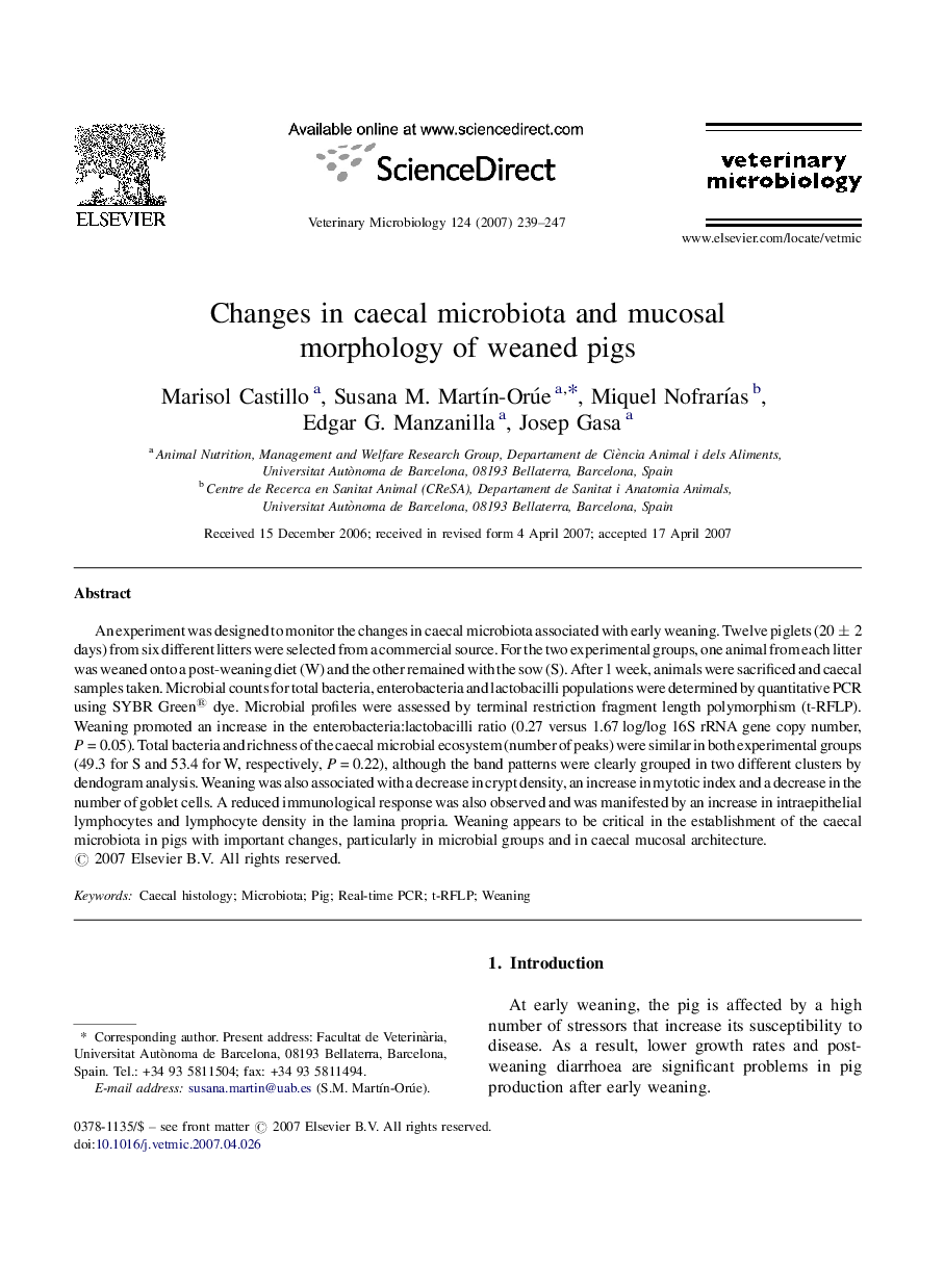 Changes in caecal microbiota and mucosal morphology of weaned pigs