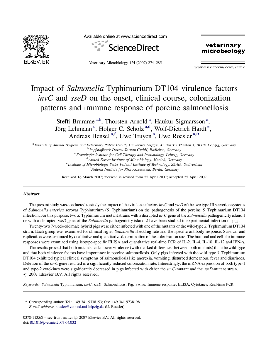 Impact of Salmonella Typhimurium DT104 virulence factors invC and sseD on the onset, clinical course, colonization patterns and immune response of porcine salmonellosis