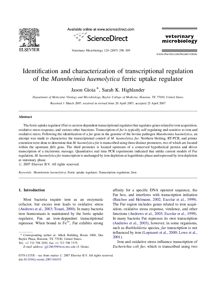 Identification and characterization of transcriptional regulation of the Mannheimia haemolytica ferric uptake regulator