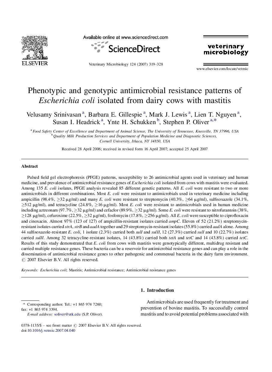 Phenotypic and genotypic antimicrobial resistance patterns of Escherichia coli isolated from dairy cows with mastitis