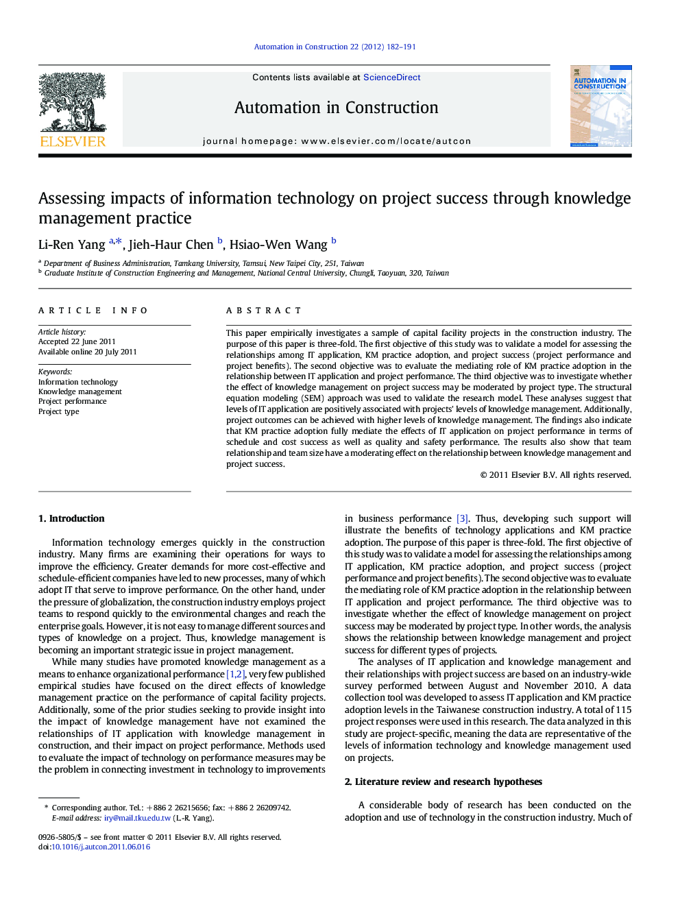 Assessing impacts of information technology on project success through knowledge management practice