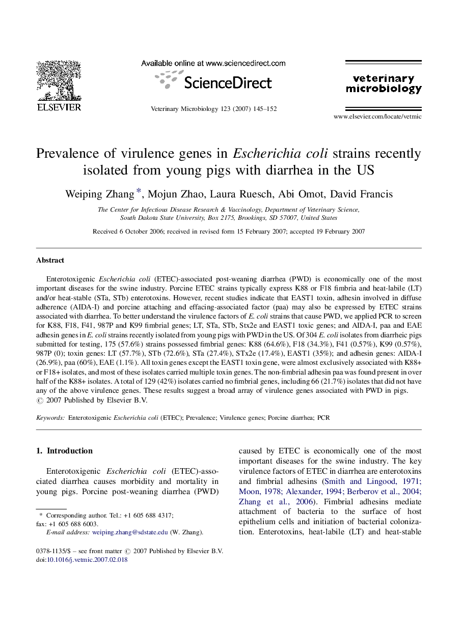 Prevalence of virulence genes in Escherichia coli strains recently isolated from young pigs with diarrhea in the US